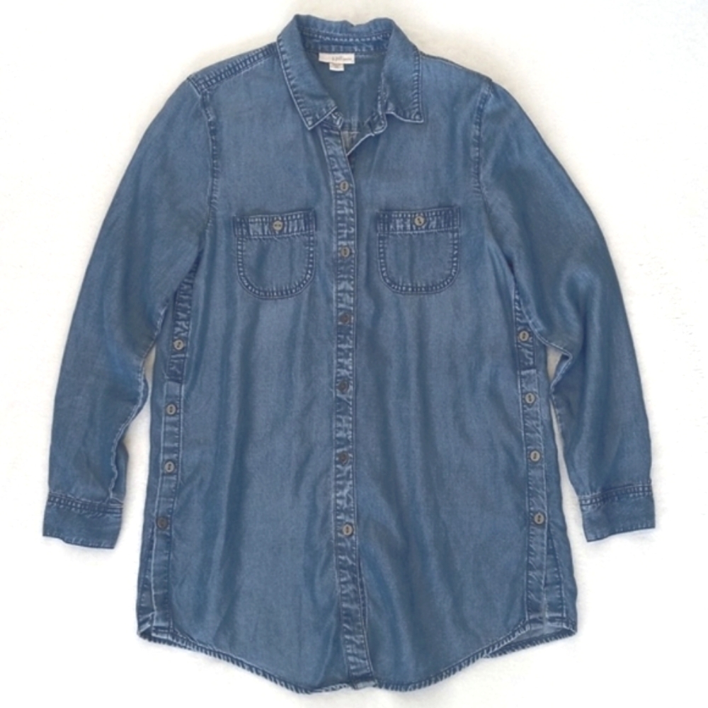 J. Jill Chambray Denim Lyocell Long Sleeve Button Down/ Side Boyfriend Shirt XSP